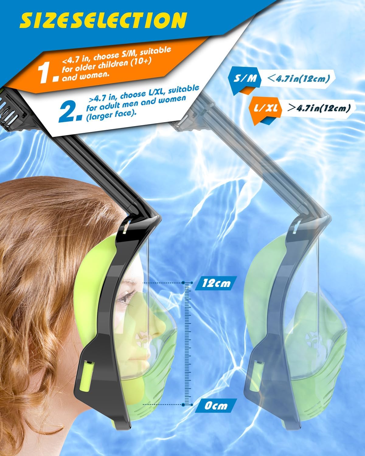 QingSong Full Face Snorkel Mask for Adults, Snorkeling Gear with Camera Mount, 180 Degree Panoramic View Snorkel Set Anti-Fog Anti-Leak