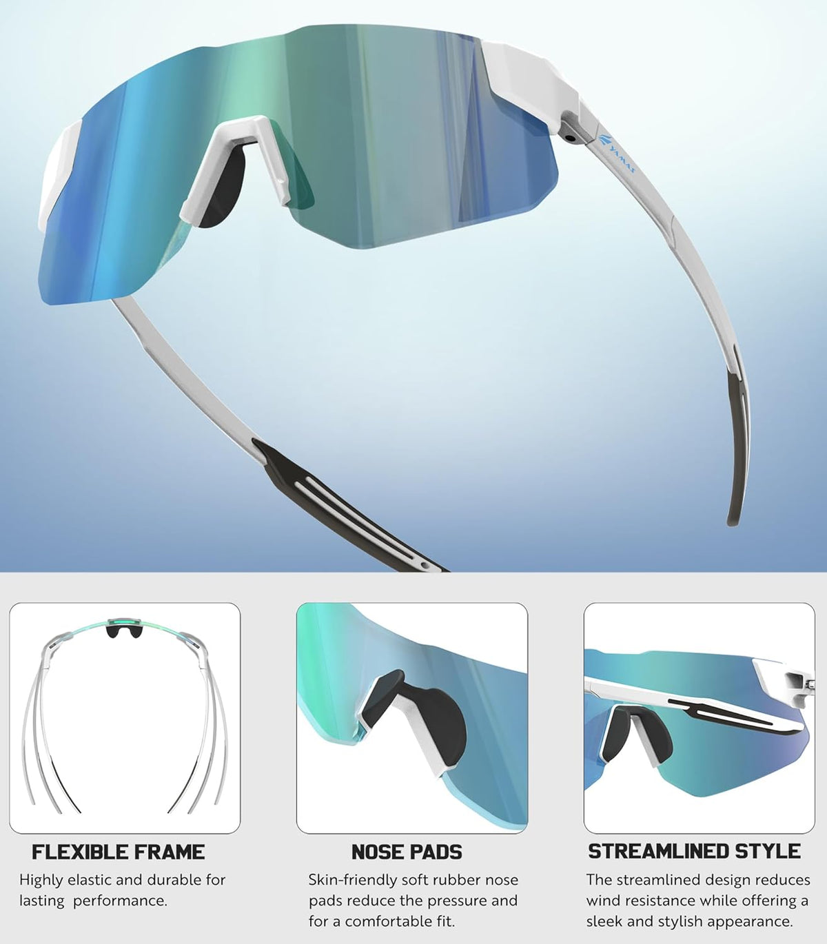 YAMAS Sport Sunglasses for Mens Womens, Wrap around Sunglasses, Non-Slip Nose Pads for Climbing and Running, UV400 Protection