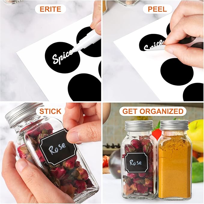 16 Pack 6 oz Glass Spice Jars with 80 Black Labels,180ml Empty Square Spice Containers Seasoning Bottles with Silver Caps and Shaker Lids for Kitchen Storage(Chalk Marker,Funnel and Brush include)