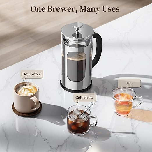 Veken French Press Coffee Maker 34oz 1 L, No Plastic Touching Cafe, Heat Resistant Thickened Borosilicate Glass, Stainless Steel Brewer, Cold Brew Cafetera Teapot for Kitchen Travel Camping, Silver