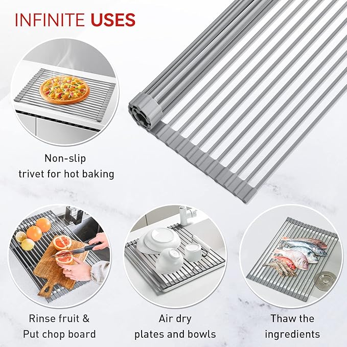 MERRYBOX Roll Up Dish Drying Rack, Silicone Wrapped Over The Sink Dish Rack Foldable Dish Drainer Anti-Slip Dish Racks for Kitchen Counter, Multipurpose Kitchen Sink Drying Rack, 18" x 13", Light Gray