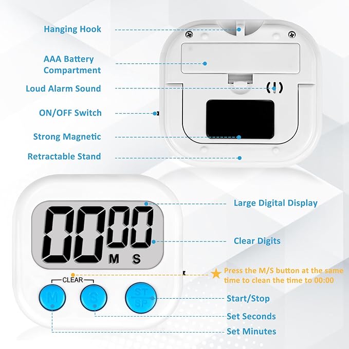 ZILLEEN 6 Pack Kitchen Timers for Cooking Digital Classroom Timers for Teachers Kids White Blue Green