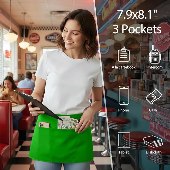 BOHARERS Waist Apron with 3 Pockets12 Pack - Green Waitress Server Short Apron