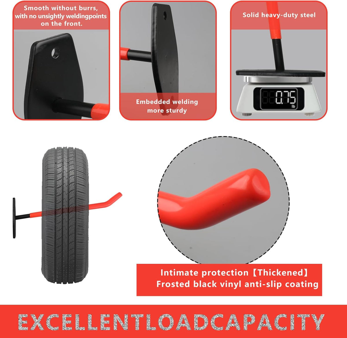 4 Pcs Wall Mount Garage Tires Hooks, 10 Inch Heavy Duty Steel Garage Storage Hooks with Anti-Slip Coating, Hang Tools for up to 88Lbs, for Car Tires, Ladders, Chairs, Ropes