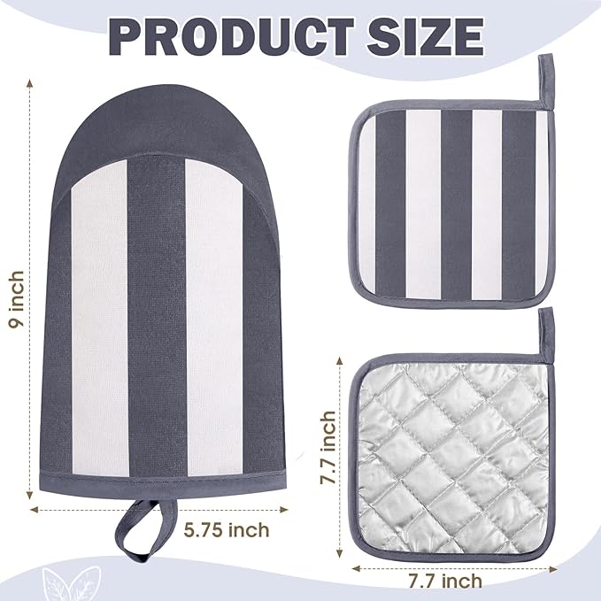 Reallnaive Oven Mitts and Pot Holders 4 Pcs Set for Kitchen, Stripe Cotton Oven Mitten Gloves Hot Pads Heat Resistant 500°f Outdoor Indoor Garden Baking Cooking BBQ Gift Hanging Loop, Beige (Gray)