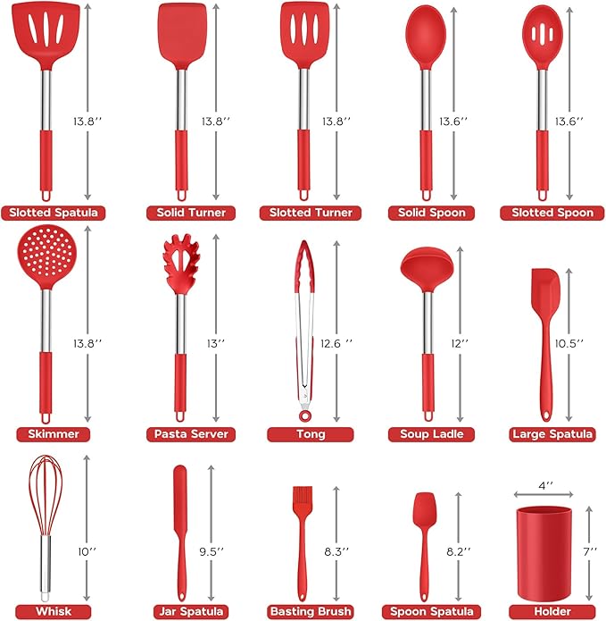 Onader 15 Pcs Silicone Cooking Utensils Set, Red Kitchen Utensils Spatula Set with Holder, Large Kitchen Gadgets Tools for Nonstick Cookware
