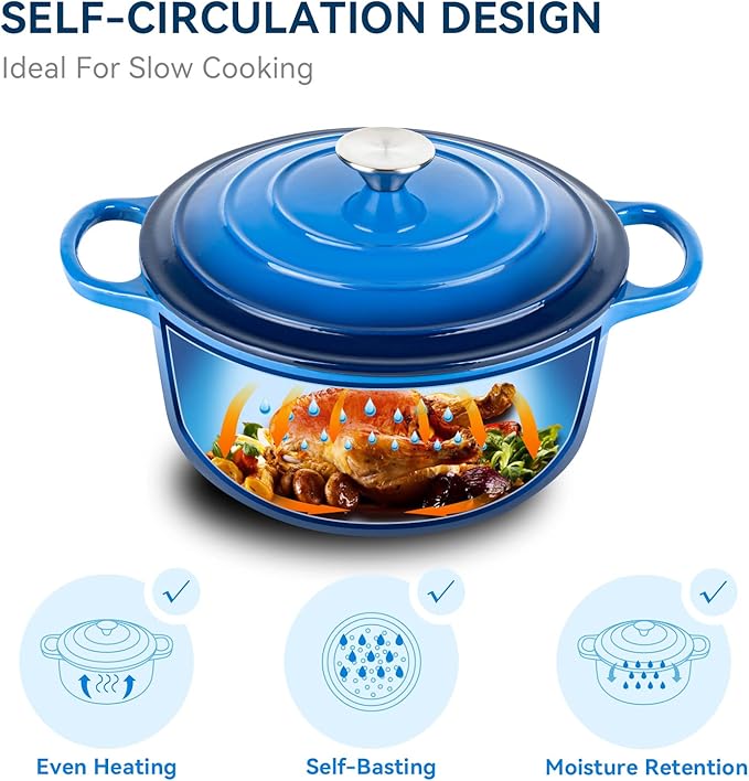 Miereirl 6 Quart Enameled Dutch Oven Pot with Lid, Cast Iron Dutch Oven with Dual Handles for Bread Baking, Cooking, Non-stick Enamel Coated Cookware (Dark Blue)