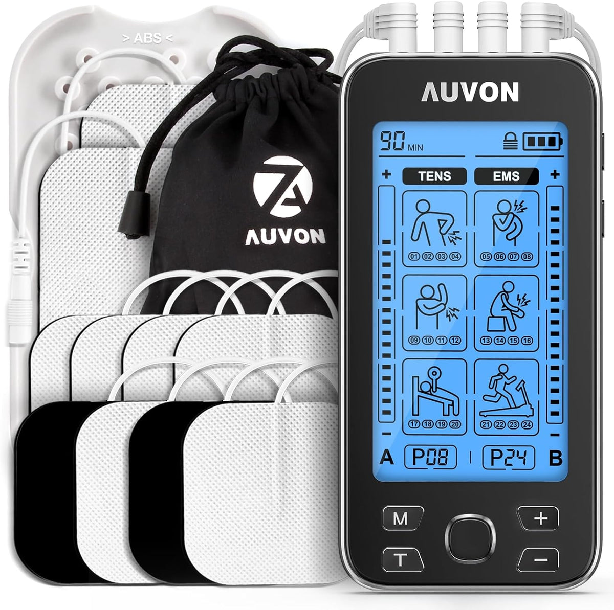 AUVON 4 Outputs TENS Unit EMS Muscle Stimulator Machine for Pain Relief Therapy with 24 Modes Electric Pulse Massager, 2" and 2"x4" Electrodes Pads, Black