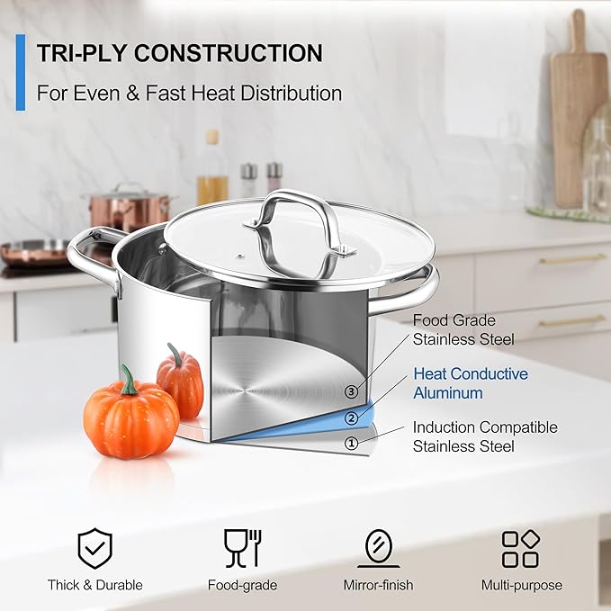 Stainless Steel Stock Pot 4 Quart, Homikit Induction Stockpot with lid for Soup Pasta Sauce Cooking Simmering, Tri-ply Heavy Bottom Compatible with All Stove, Dishwasher Safe