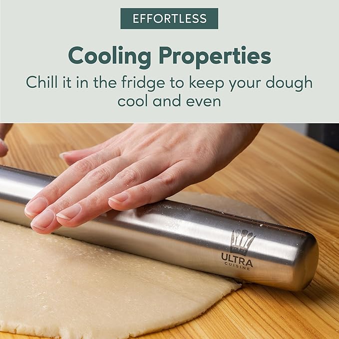 Ultra Cuisine French Rolling Pin for Baking – Use with Pizza, Cookie, and Pastry Dough, Fondant and Pie Crust – Tapered Design Bread Roller Pin, Stainless Steel 15.75-inch Large Roller Pin