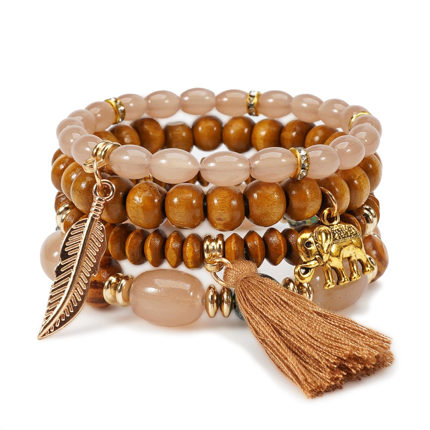 Briutn Bohemian Stackable Bracelets Boho Wood Beaded Tassel Charm Bracelet for Women Jewelry