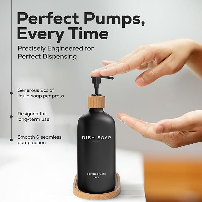 Black Glass Dish Soap Dispenser for Kitchen Sink by Brighter Barns - Modern Kitchen Soap Dispenser Set with Tray - Bamboo Bottle with Pump - Boho Home Decor, Modern Home Decor for Airbnb, Gift (Black)