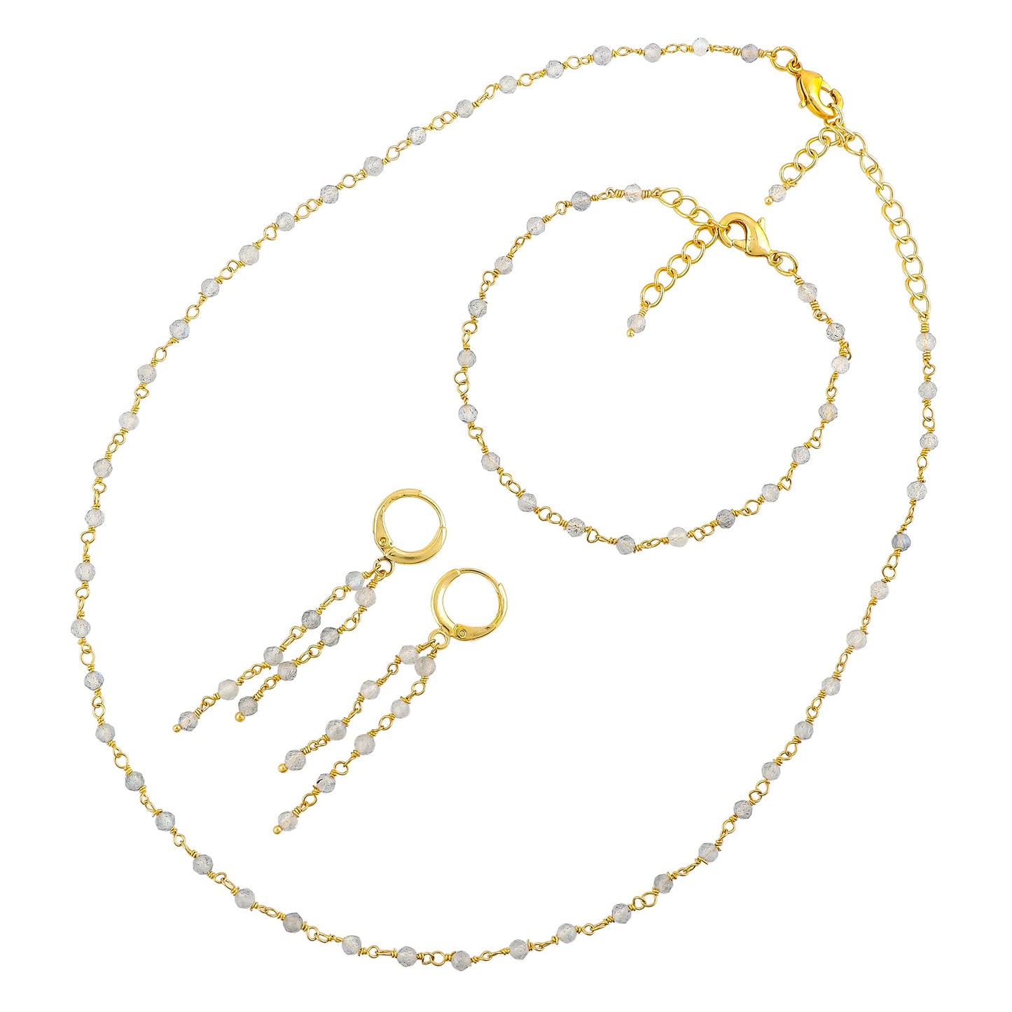 CRYSTALINES (3pcs) Natural Labradorite Gemstone Cluster Jewelry Combo Set, 14K Gold Plated, Crystals Beads Rosary Chain, Handmade Bohemian Jewelry - Bracelets, Necklace, Earrings for Women