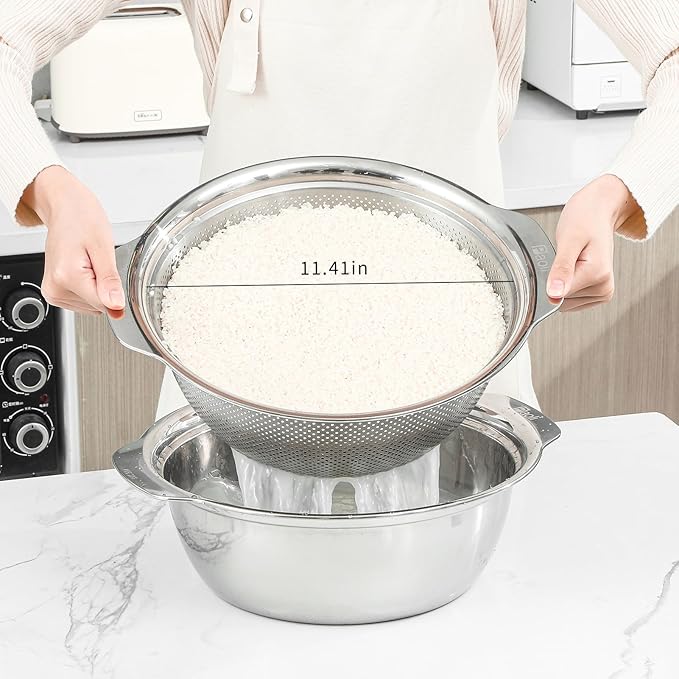 304 Stainless Steel Microporous Colander with Handle, Rice Washers Microporous Strainer Set For washing vegetables, fruits and rice, and draining cooked pasta.