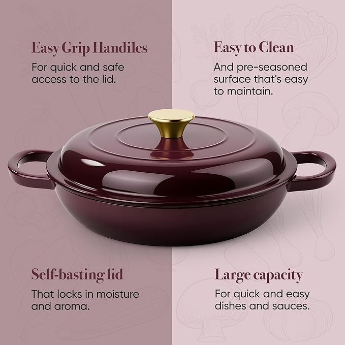 Vintage Style 3 Quart Enameled Cast Iron Braiser, Non Stick Enameled Cast Iron Skillet with Lid, Dutch Oven Skillet with lid up to 500°F for Oven, Stove, Grill, Shallow Dutch Oven for Cook, Bake (Fig)