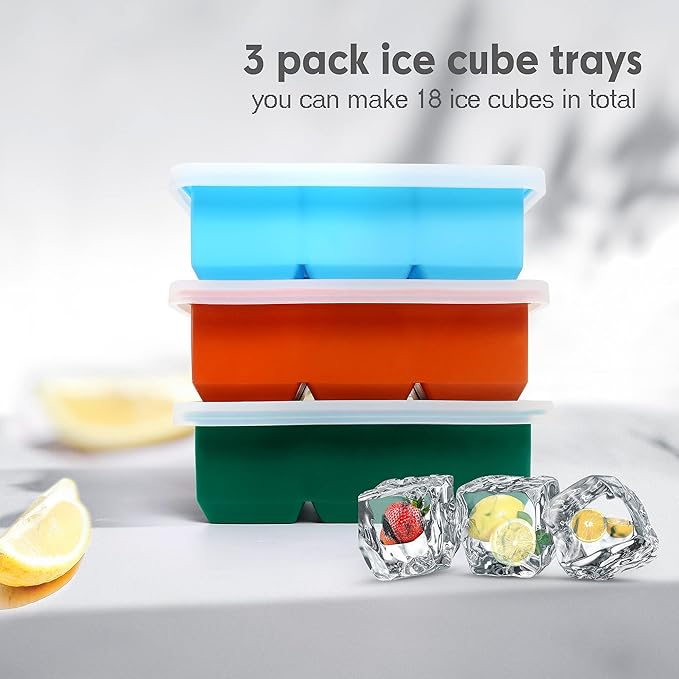 Excnorm Silicone Ice Cube Trays 3 Pack - Large Size Silicone Ice Cube Molds with Leak Proof Removable Lid Square Ice Cube Tray And BPA Free for Cocktail,Whiskey, Stackable Flexible Ice