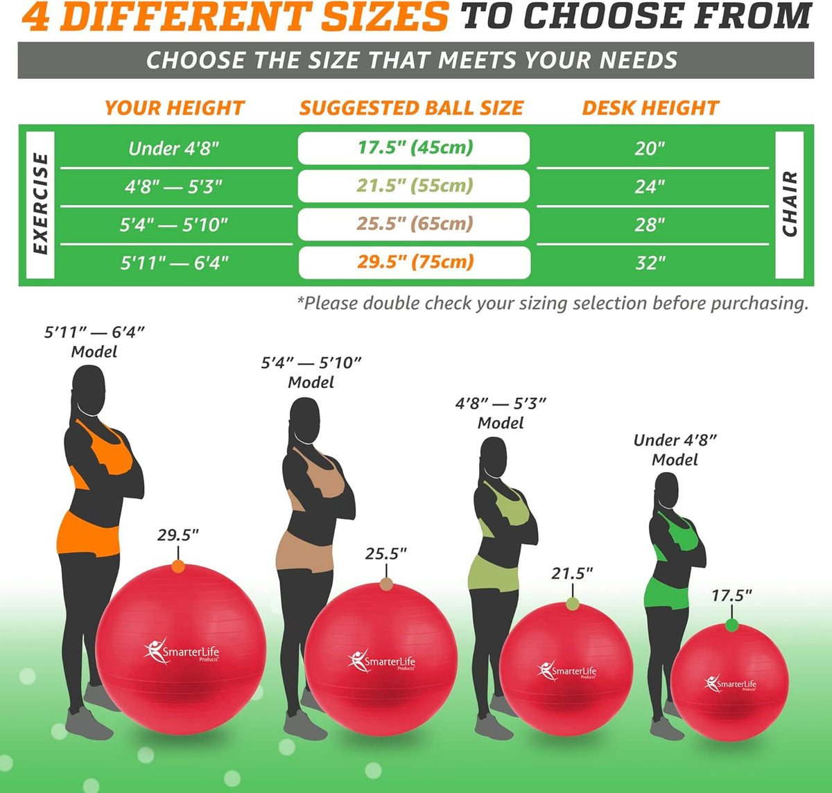 SmarterLife Exercise Ball Yoga Ball for Fitness, Balance, Stability, or Pregnancy, Gym Ball for Core Workout, Physical Therapy, Yoga Ball Chair for Office, Anti-Slip Anti-Burst