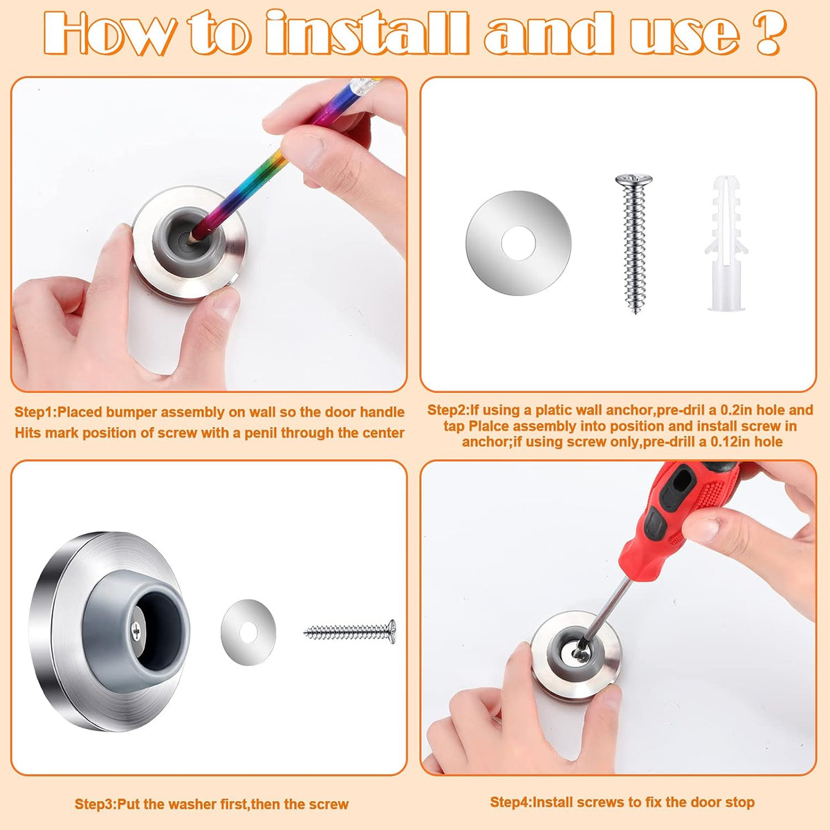 Blulu Concave Wall Door Stopper Door Bumper Stainless Steel Wall Protector Flush Bumper with Grey Rubber Concave Knob Cover Stopper(Silver,4 Pieces)