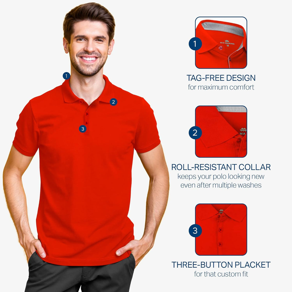 [3 Pack] Mio Marino Golf Polo Shirts for Men - Dry Fit - Ultra-Light Fabric