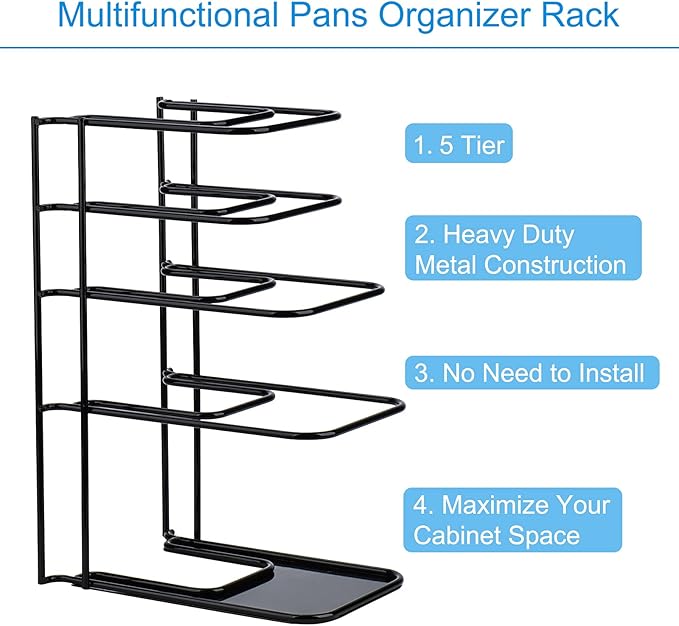 Toplife Heavy Duty Pan Organizer, 5 Tier Pot and Pan Organizer Rack for Cast Iron Skillets, Griddles and Pots - Sturdy Steel Construction- No Assembly Required - Black