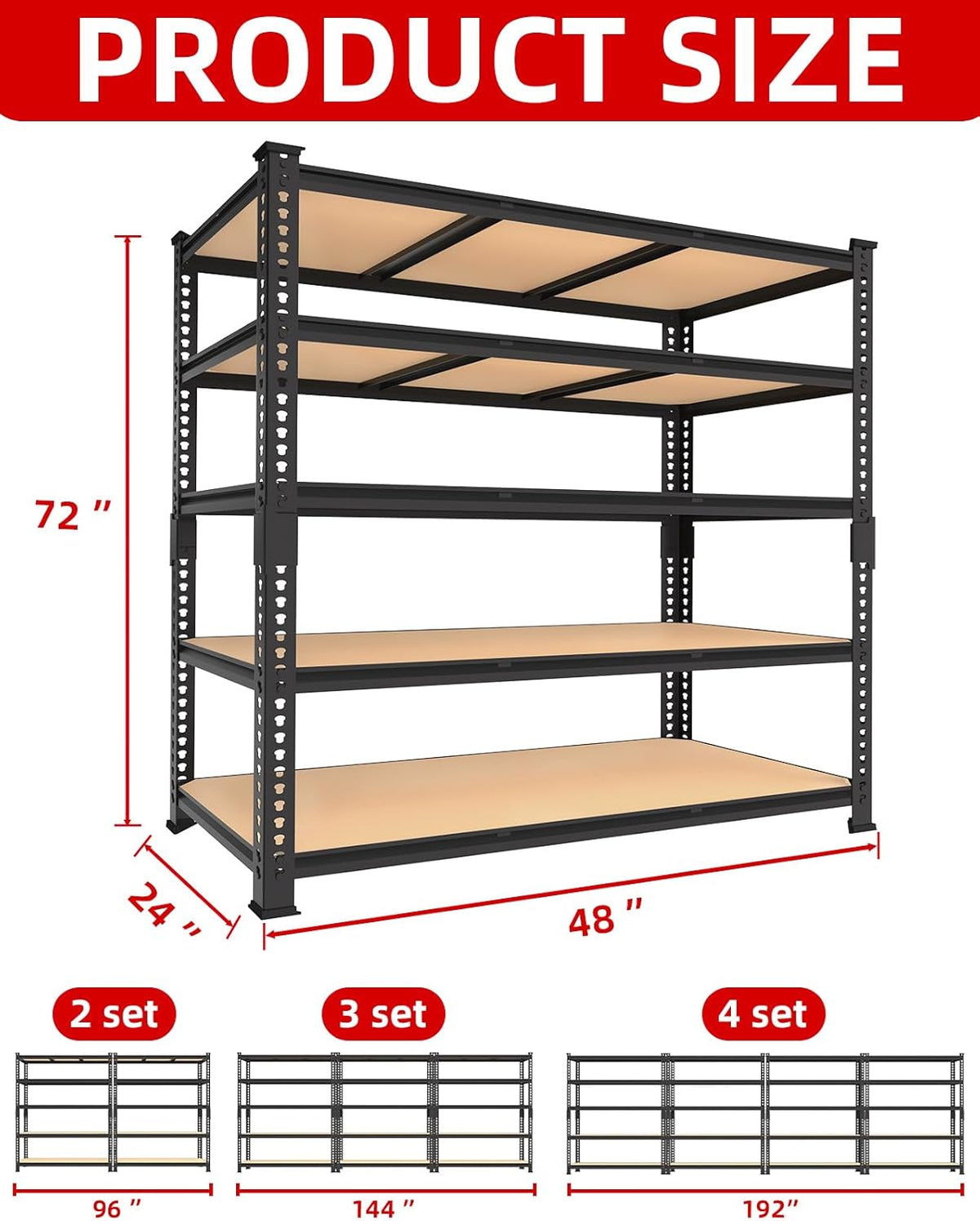 PrimeZone Heavy Duty Garage Storage Shelves - 48" W X 24" D X 72" H Adjustable Metal Shelving Unit, 5 Tier Industrial Shelves for Storage Standing Utility Rack for Warehouse, Basement, Black, 5 Pack