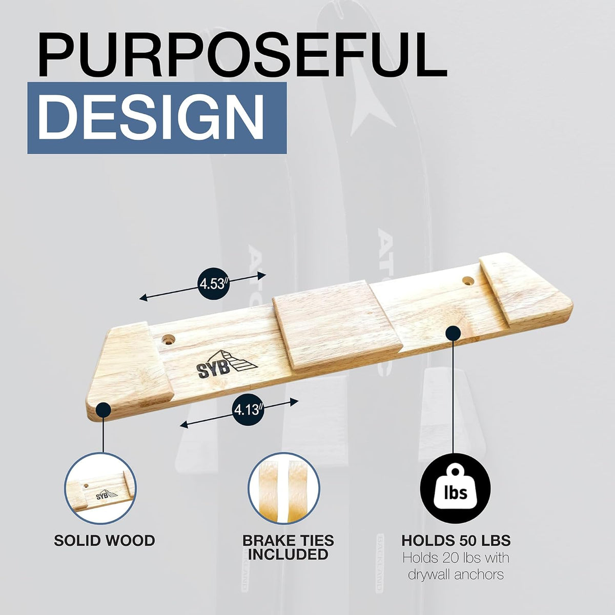 StoreYourBoard Minimalist Wood Ski Rack – Vertical Ski Storage Holder for Home & Garage, Solid Wood Ski Wall Mount Display Rack, Holds 50 lbs