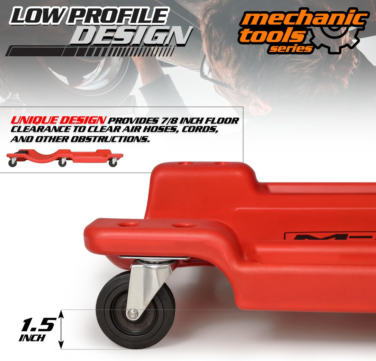 M-AUTO Mechanic Roller Creeper with Padded Headrest, 40" Dual Tool Trays Rolling Creeper for Garage Shop Auto Work Repair, Noiseless Swivel Casters, Red