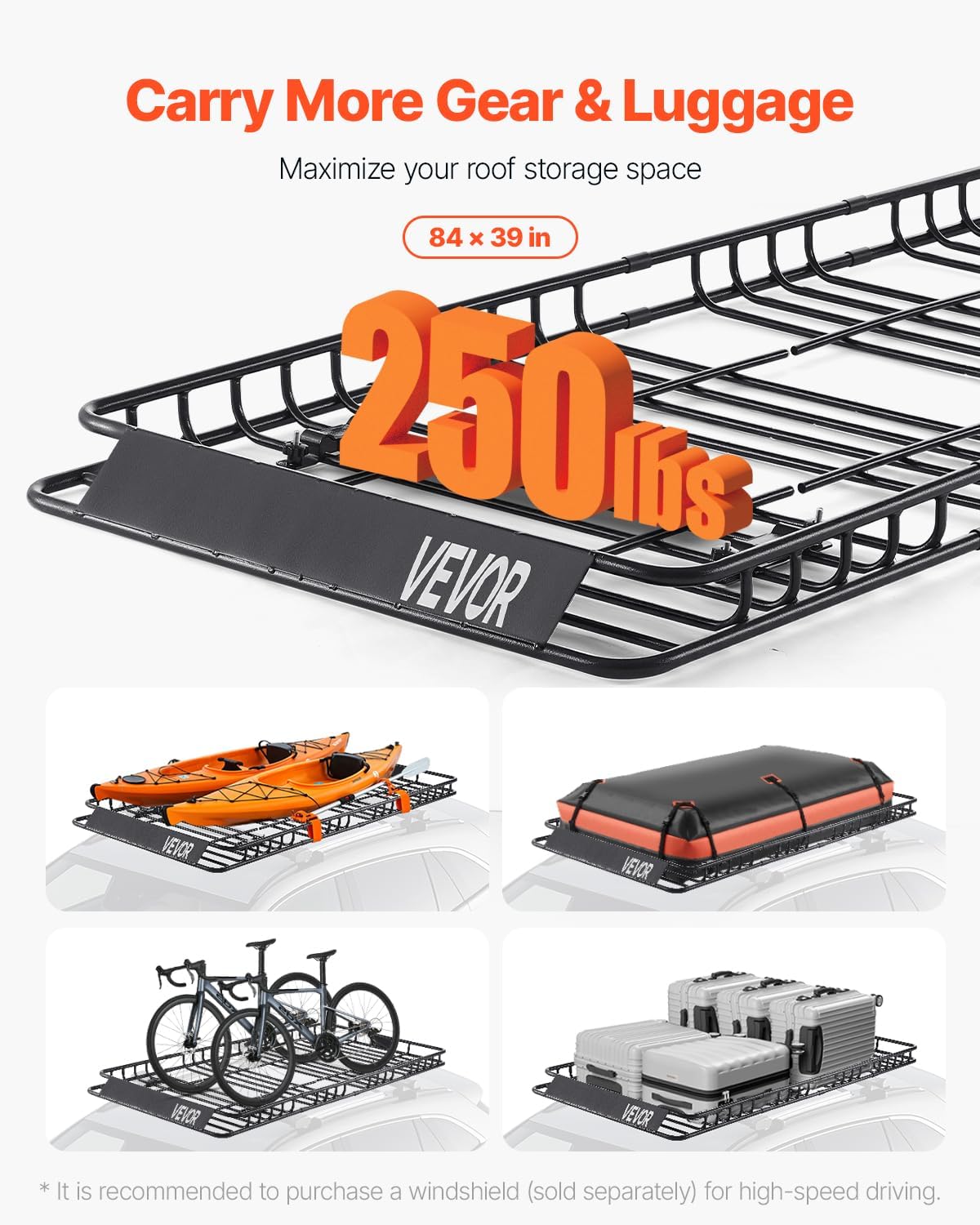 VEVOR Roof Rack Basket, 84 x 39 x 4.1 in, Universal Rooftop Cargo Carrier with 7.9 x 3.9 x 10.2 in Cargo Bag, Net, Ratchet Straps, 250 lbs Max Load Capacity Car Top Luggage Holder, for SUV Truck Car