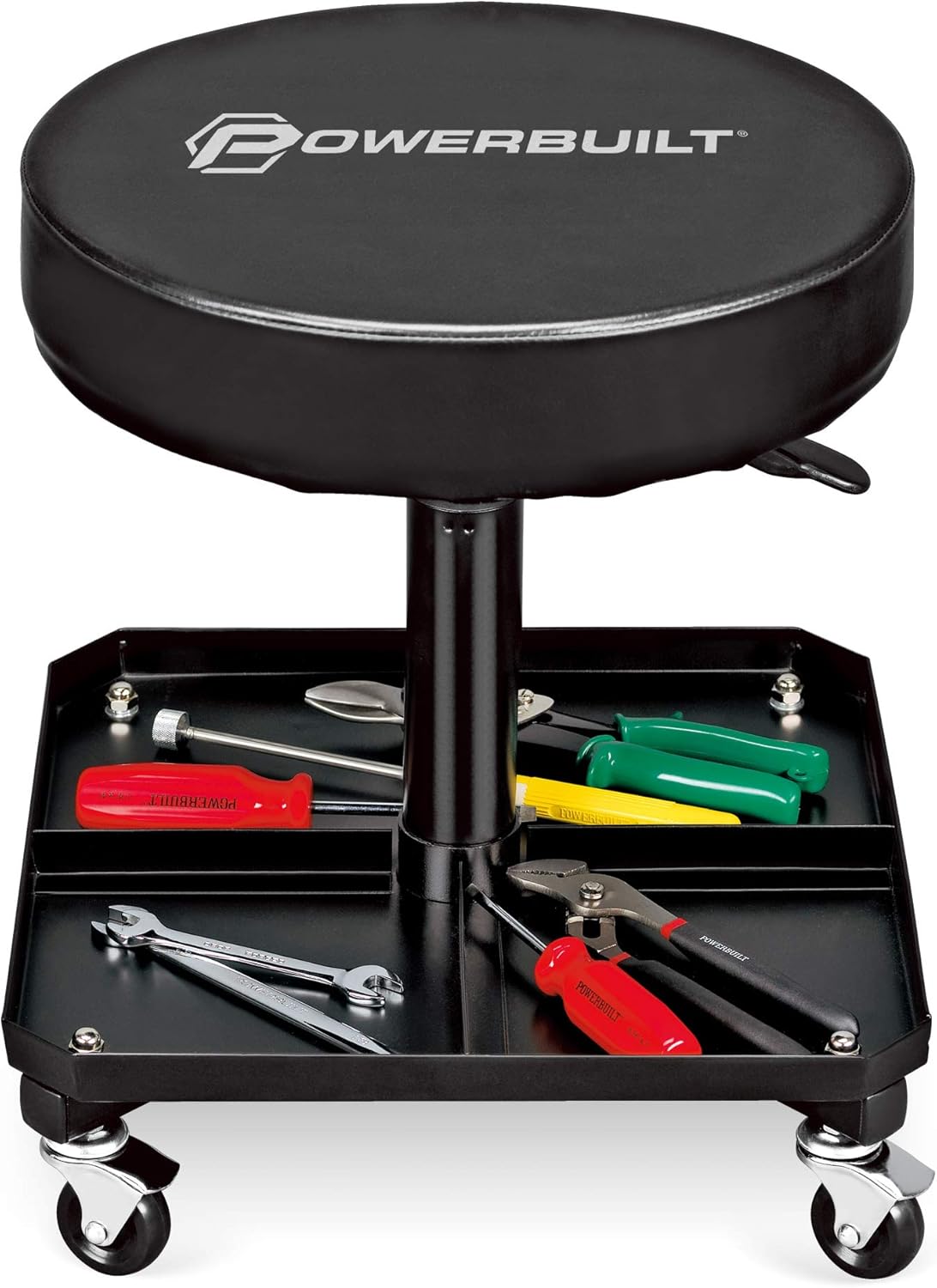 Powerbuilt Rolling Seat, Height-Adjustable Garage Stool with Tool Tray, Smooth and Padded for Car Repair, Detailing, Comfort - 640834, Black