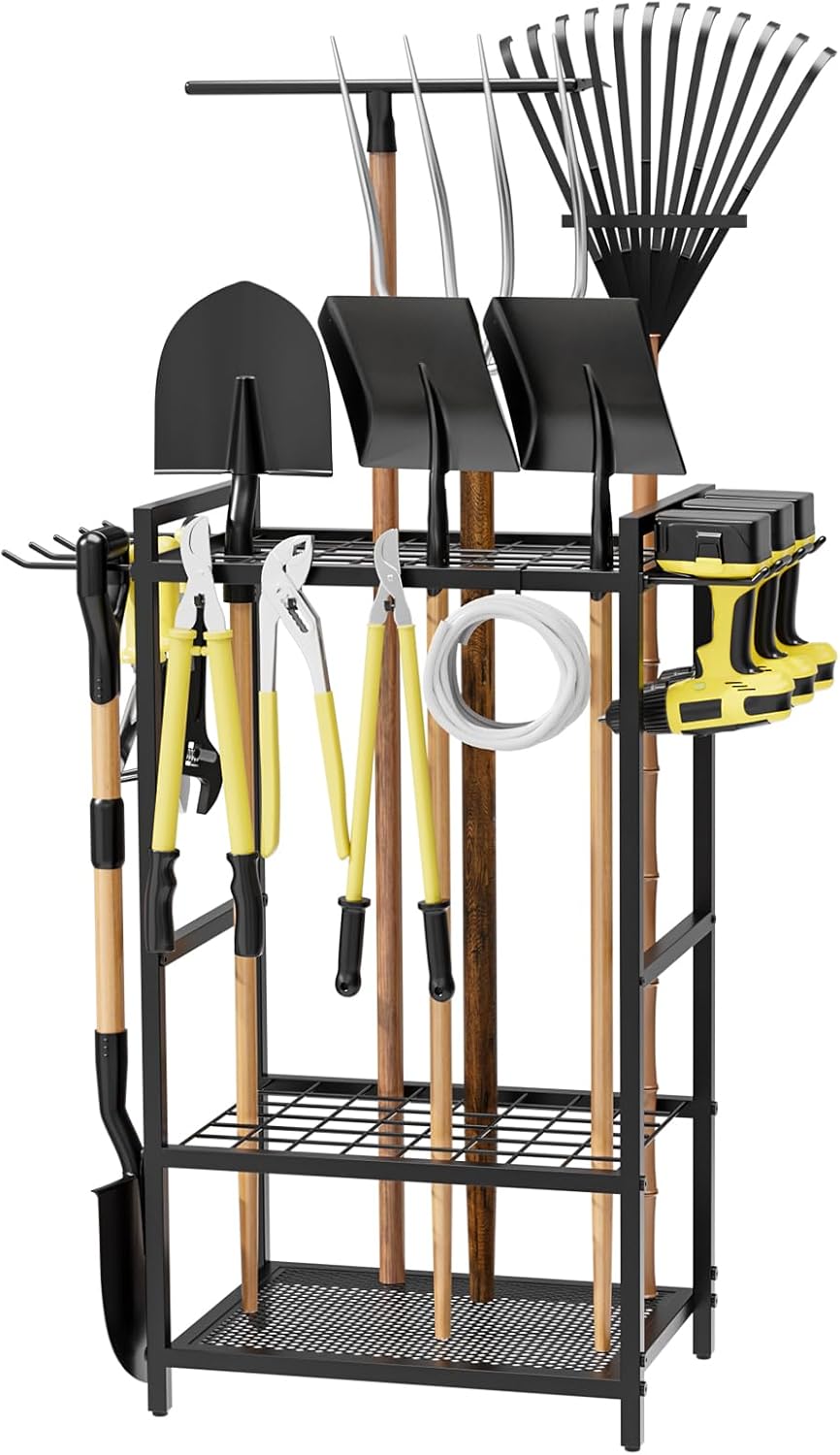 Garden Garage Tool Organizer - Yard Tool Organizer for Garage with 4 Hooks, Heavy duty Steel Garden Tool Rack Holds up to 48 Long Handled Yard tools for Storage