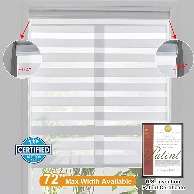 Persilux Cordless Zebra Blinds for Windows, Light Filtering Roller Shades for Windows (20" W x 64" H, White) Light Control for Day and Night, Light Filtering Sheer Shades for Home, Office, Bedroom