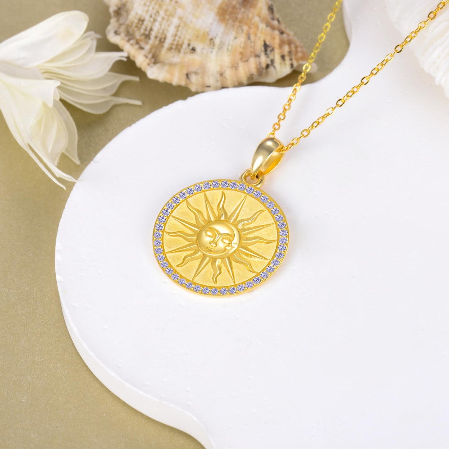 KQF Sun Necklaces for Women Sterling Silver 18K Gold Plated Sun Coin Pendant Birthstone Necklace June Jewelry Gift for Mom