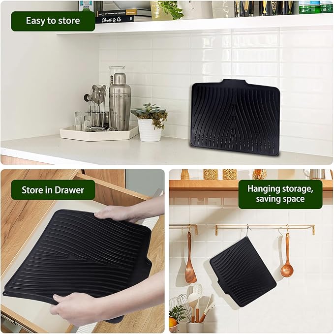 Silicone Dish Drying Mat 16x13,Food-Grade Silicone,Easy Clean Pad for Countertop Protection,Heat Resistant,Easy Clean,Non-Slip Drain Pad with Built-in Drain,Multi-Functional Use,Black