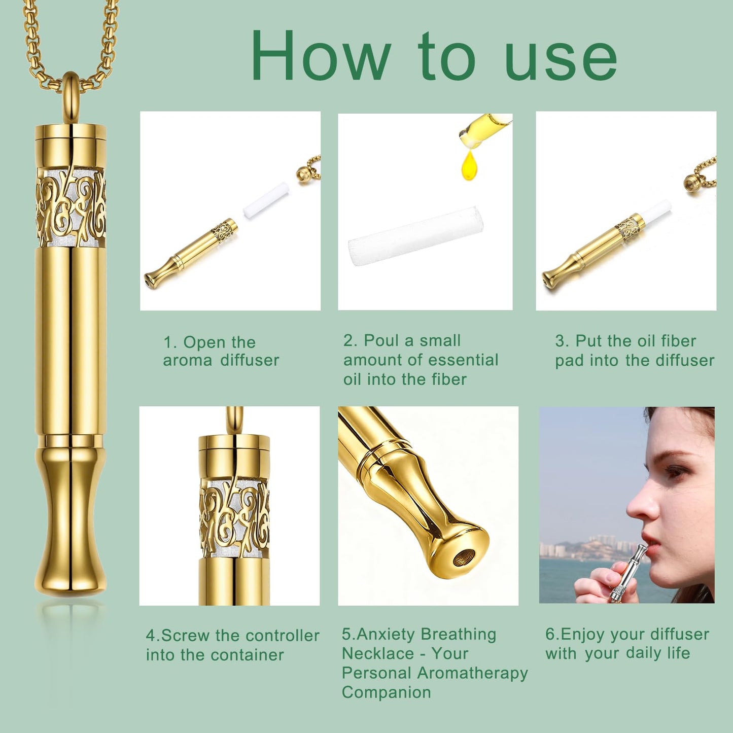 Anxiety Relief Pendant Mindfulness Breathing Necklace - Essential Oil Diffuser & Personal Inhaler Aromatherapy Necklaces for Women & Men (Gold)