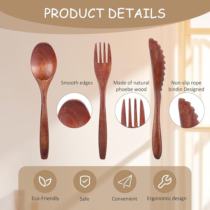 6 Pcs Wooden Utensils for Eating, Wooden Spoon Fork Cutlery Set Kitchen Wood Dinner Flatware Tableware Reusable Wood Spoon, Wooden Forks,Wooden Scraper for Travel and Camping