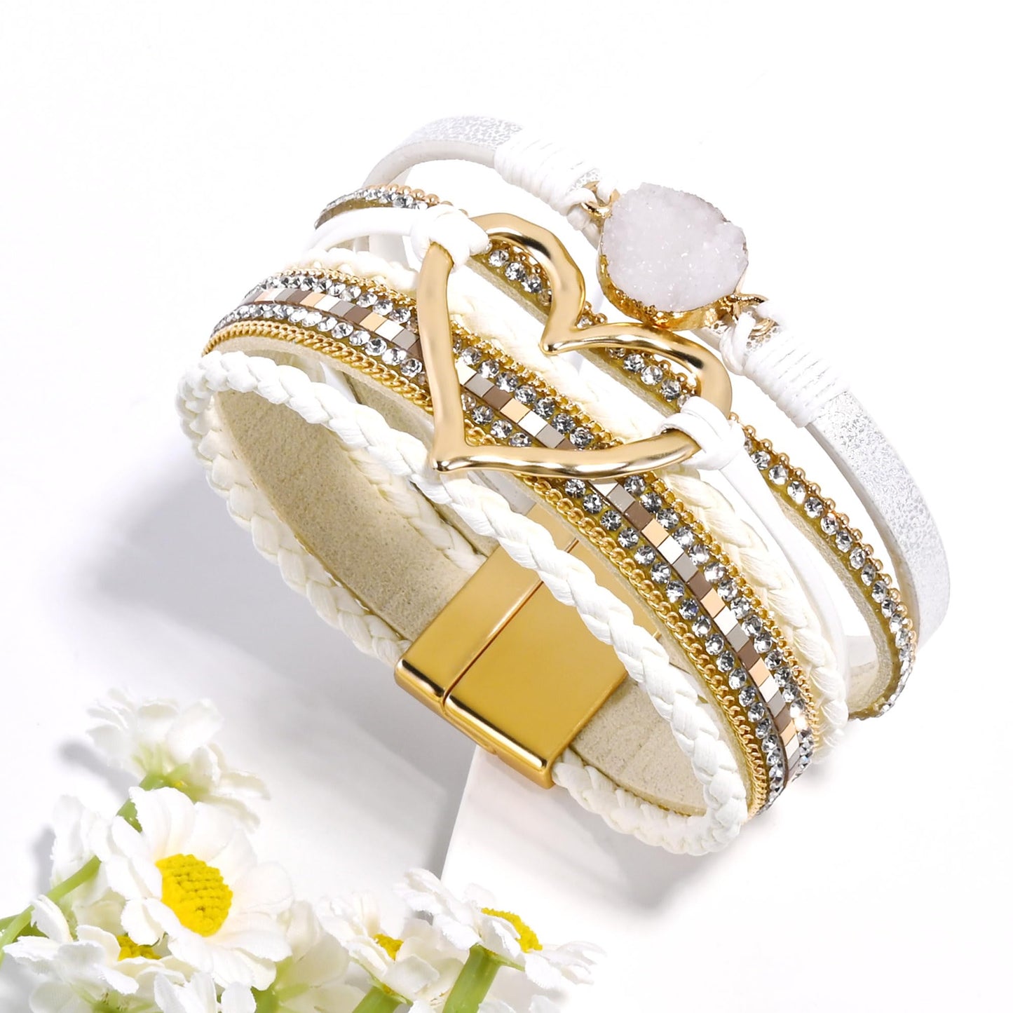 VIBILIA Boho Leather Wrap Bracelets for Women Heart Multi-Layer Bracelets with Strong Clasp Jewelry for Women-White