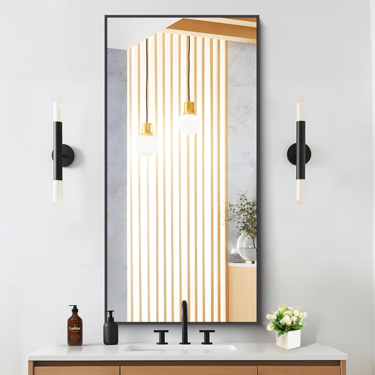 Black Bathroom Mirror for Wall, 24x48 Inch Rectangle Mirrors with Metal Frame, Modern Vanity Wall Mirror Decor for Entryway Hangs, Bathroom Living Room Horizontal or Vertical