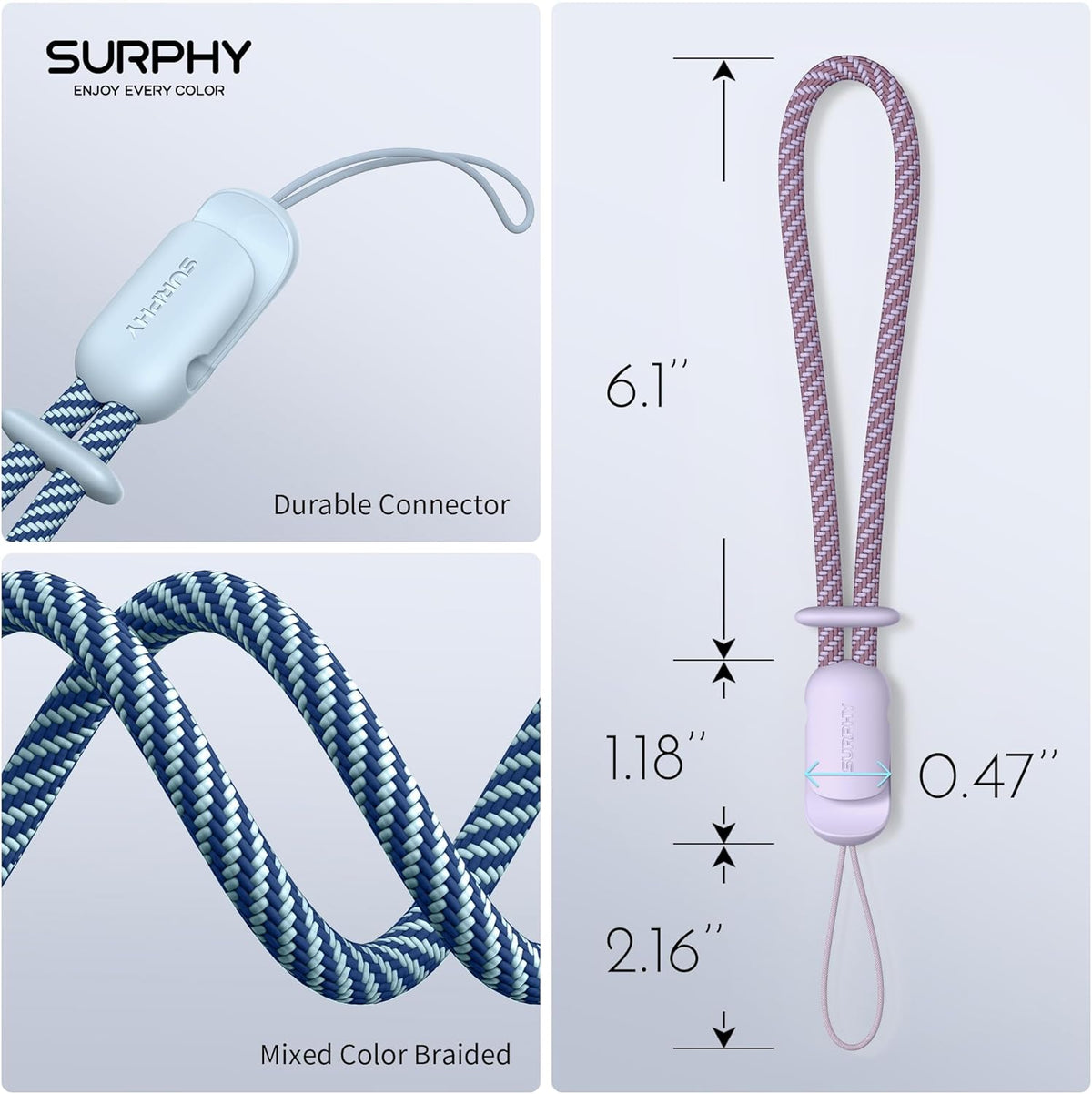SURPHY 2 Pack Phone Lanyard for Cellphone Case, Phone Wrist Strap for Case, Cellphone Strap with 2-Color Braided, Charm Wrist Lanyard for Women, Cellphone Wrist Lanyard for Women, Lilac & Cloud Blue