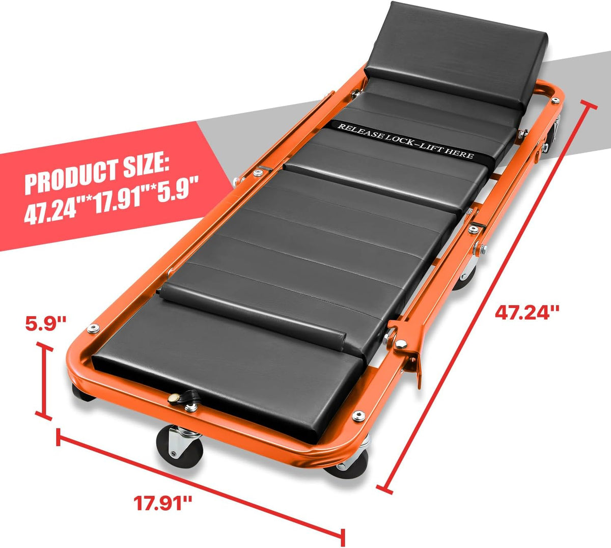 DNA MOTORING 48" 2 IN 1 Folding Rolling Garage Shop Creeper Roller Seat, 7 Pcs 2" Casters, 350 Lbs Weight Capacity, Orange, TOOLS-00193-OG