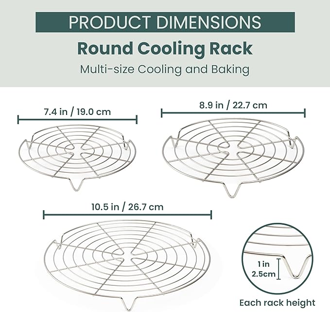 Ultra Cuisine 3 Set Round Cooling Racks for Cooking and Baking – Oven & Dishwasher-Safe, 100% Stainless Steel Steaming and Baking Rack - Fits Air Fryer, Pressure Cooker & Cake Pan (7.5, 9 & 10.5 Inch)