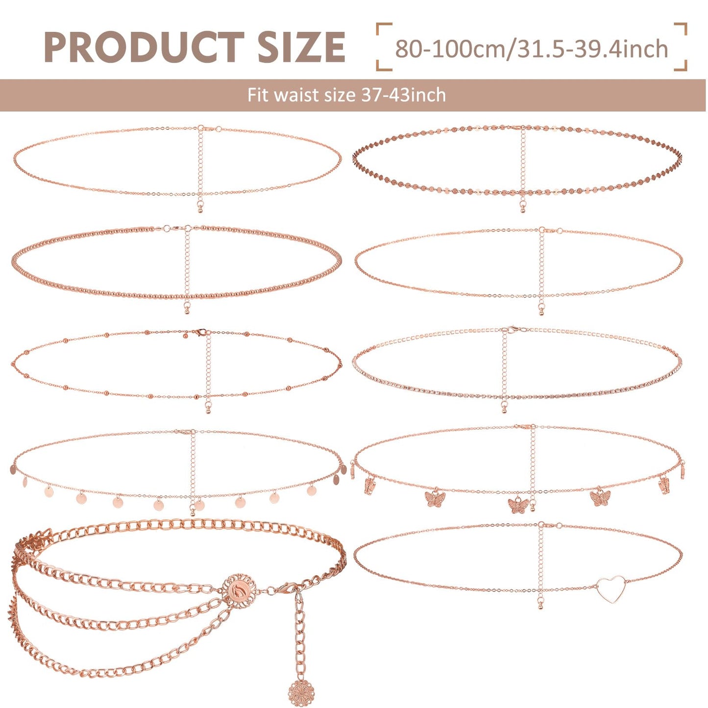Lenwen 10 Pcs Summer Beach Belly Chain Adjustable Waist Multi Layered Chain Waist Jewelry for Women Girls Multilayer Body(Stylish Style,Rose Gold)