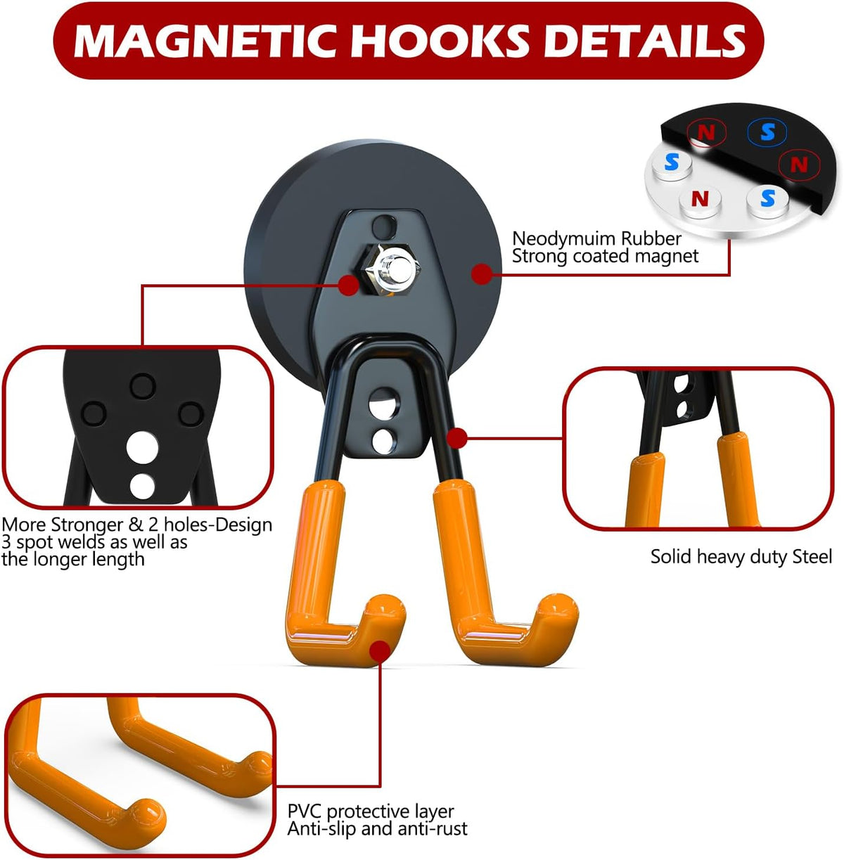 3-H Heavy Duty Magnet Garage Hooks 4 Pack, Large Strong Magnetic Hooks for Hanging Cordless Power Drill, Utility Magnetic Tool Holder for Metal Cabinet, Steel Pegboard, Toolbox, Garage(Orange)