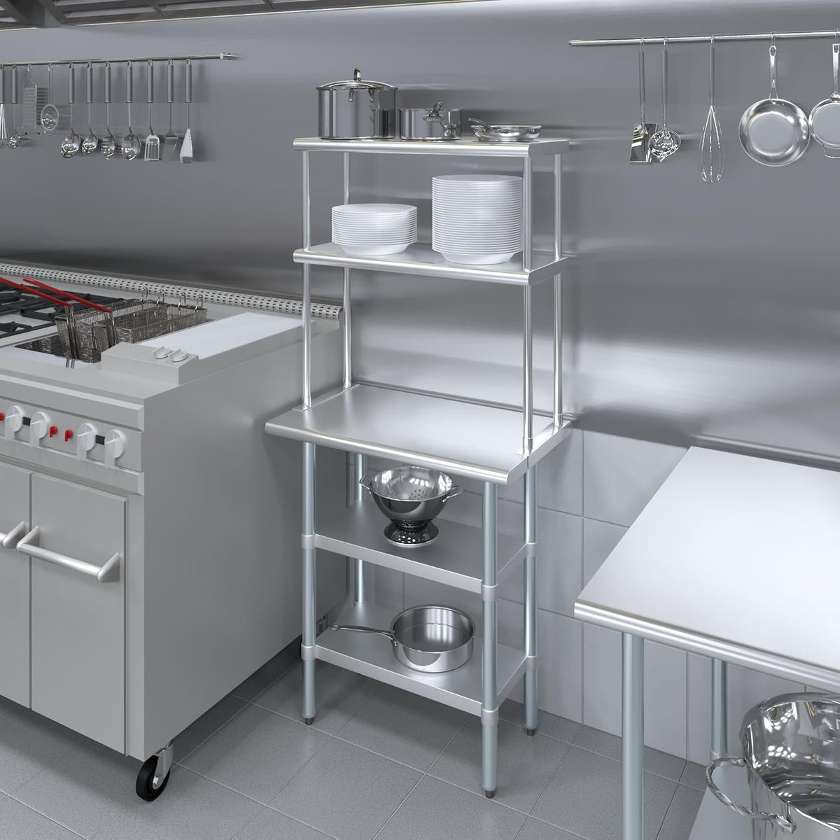AmGood Stainless Steel Work Table with 2 Shelves | NSF (18" x 30" Table with 2 Shelves + 12" Overshelf)