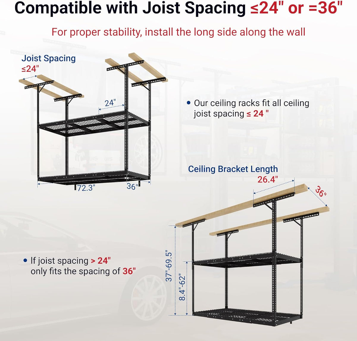 FLEXIMOUNTS 3x6 2-Tier Overhead Garage Storage Rack – Adjustable Heavy Duty Metal Garage Ceiling Storage Racks, 880 lbs Capacity – Garages Organization System for 10–15 ft Tall Garages, Black