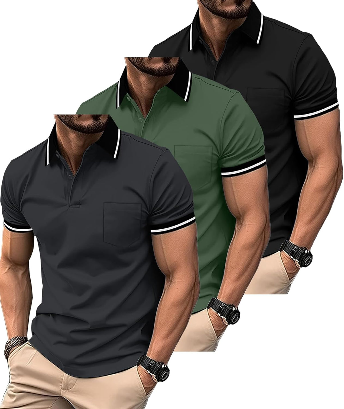 ZITY 3 Pack Men Polo Shirts Short Sleeve with Pocket Sport Wicking Shirts for Men Casual Athletic Collared T-Shirts