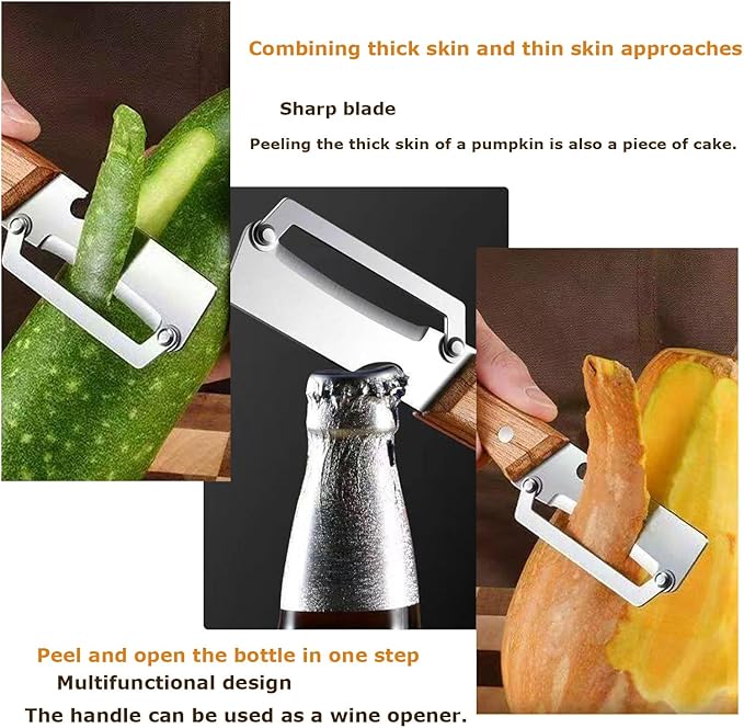Multifunctional Vegetable Peeler,Zero Flex Peeler with Wooden Handle and Bottle Opener,Stainless Steel Kitchen Tool Suitable for All Kinds Of Vegetables and Fruits(2 PCS)