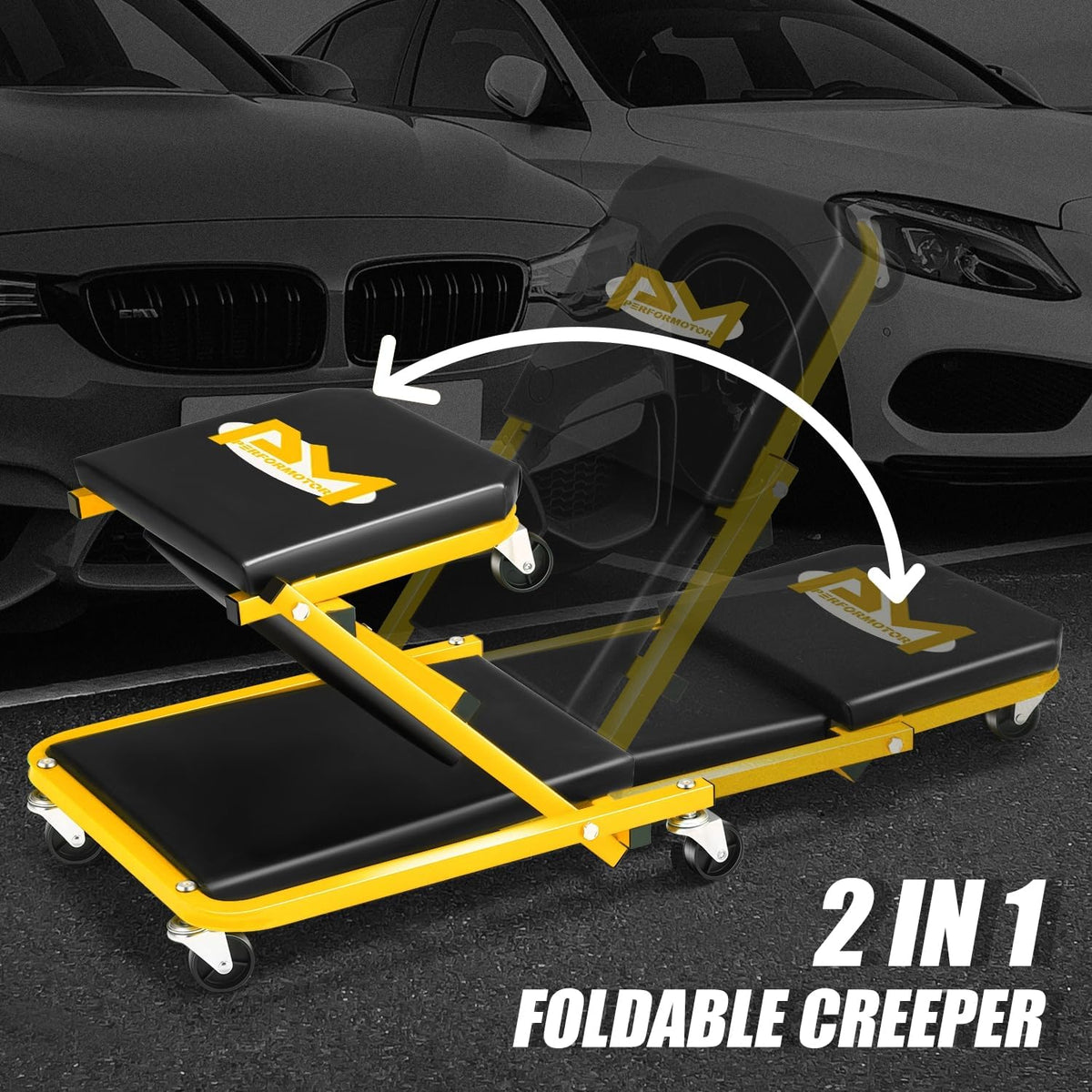 PM PERFORMOTOR 36 Inches Folding 2 in 1 Rolling Z Creeper, Adjustable Roller Garage Chair Lay Down or Sit, 6 Pcs 2" Casters, 150kg Weight Capacity, Yellow,PM-TOL-CPS36-YL