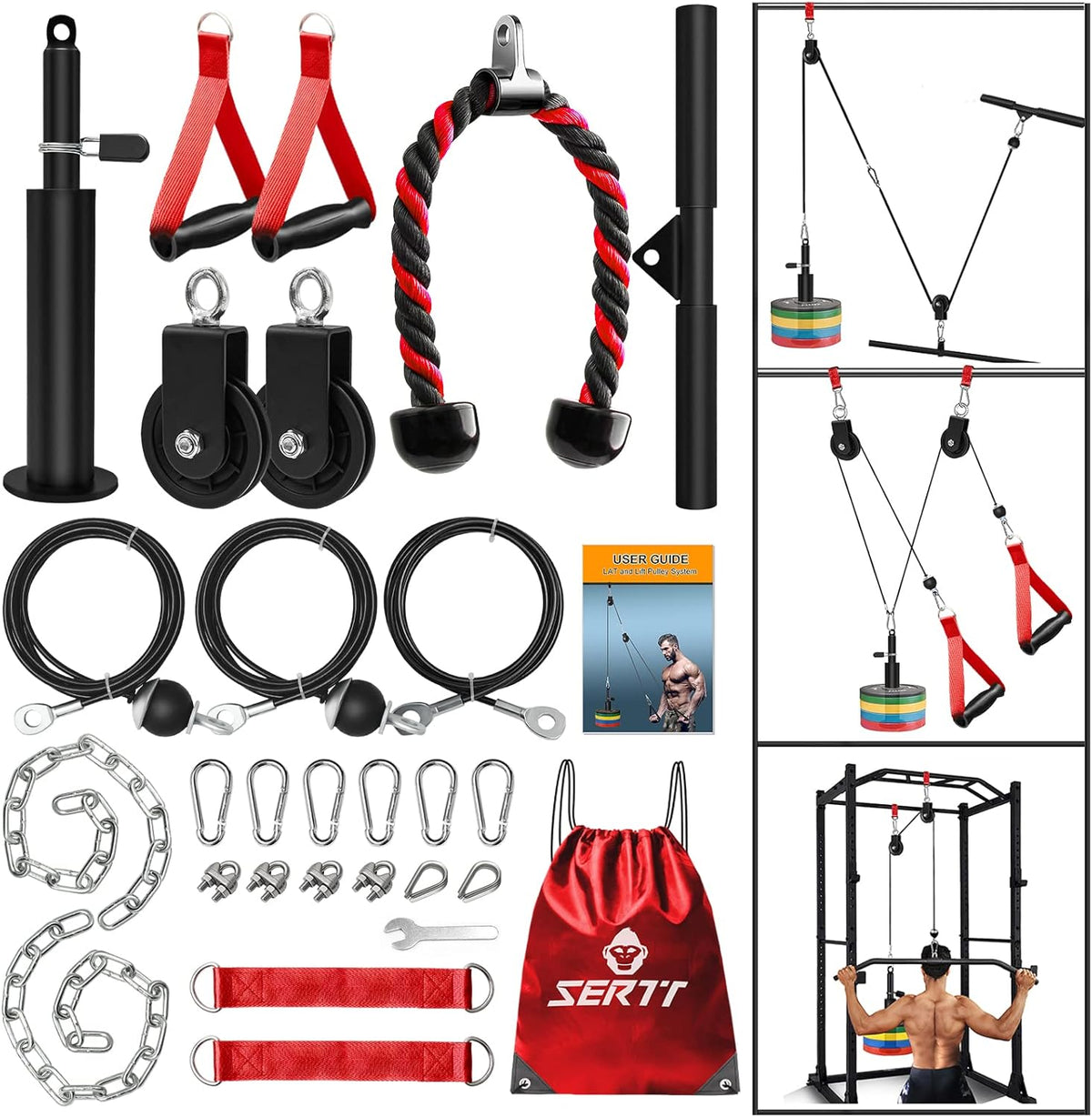 SERTT Weight Cable Pulley System Gym, Upgraded Cable Pulley Attachments for LAT Pull Down, Biceps Curl, Tricep, Arm Workouts - Home Gym Add On Equipment