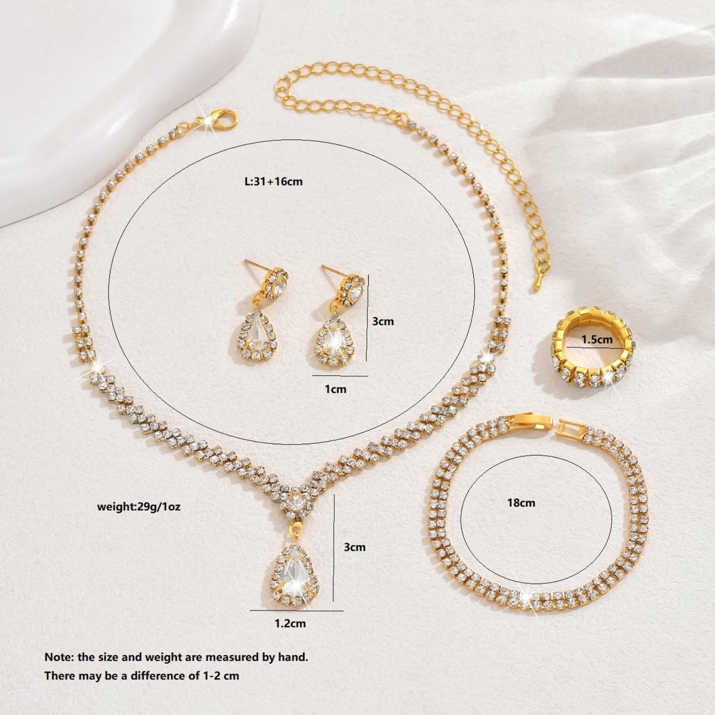 IS4U Rhinestone Water Drop Set for Women Bridal Wedding Vintage Colourful Crystal Zircon Statement Necklace Ring Earrings Bracelet Set Party Dress Ball Fashion Jewellery (Gold)