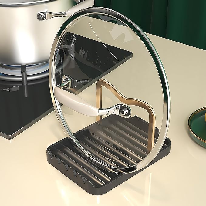 Stainless Steel Pot Lid Holder-Kitchen Organizer & Utensil Storage Rack with Detachable Drain Tray, Non-Slip Anti-Rust Countertop Space Saver for Spoons, Spatulas,Ladles,Tongs (Black Gold)